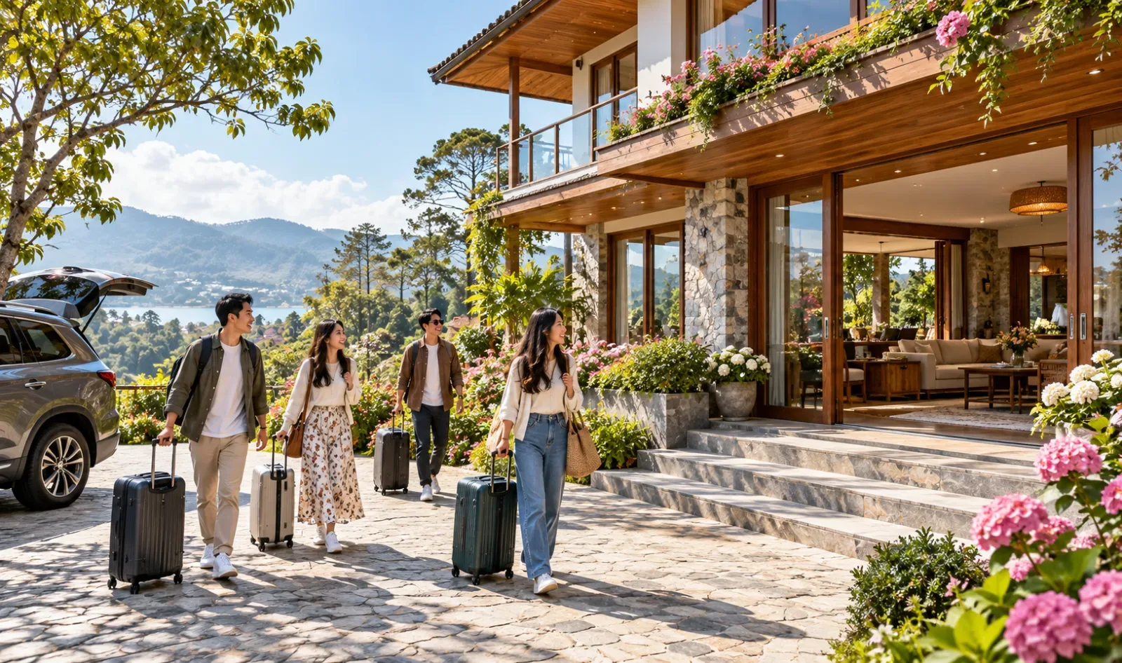 Ảnh minh họa nhóm bạn mang hành lý đến căn villa có sân rộng