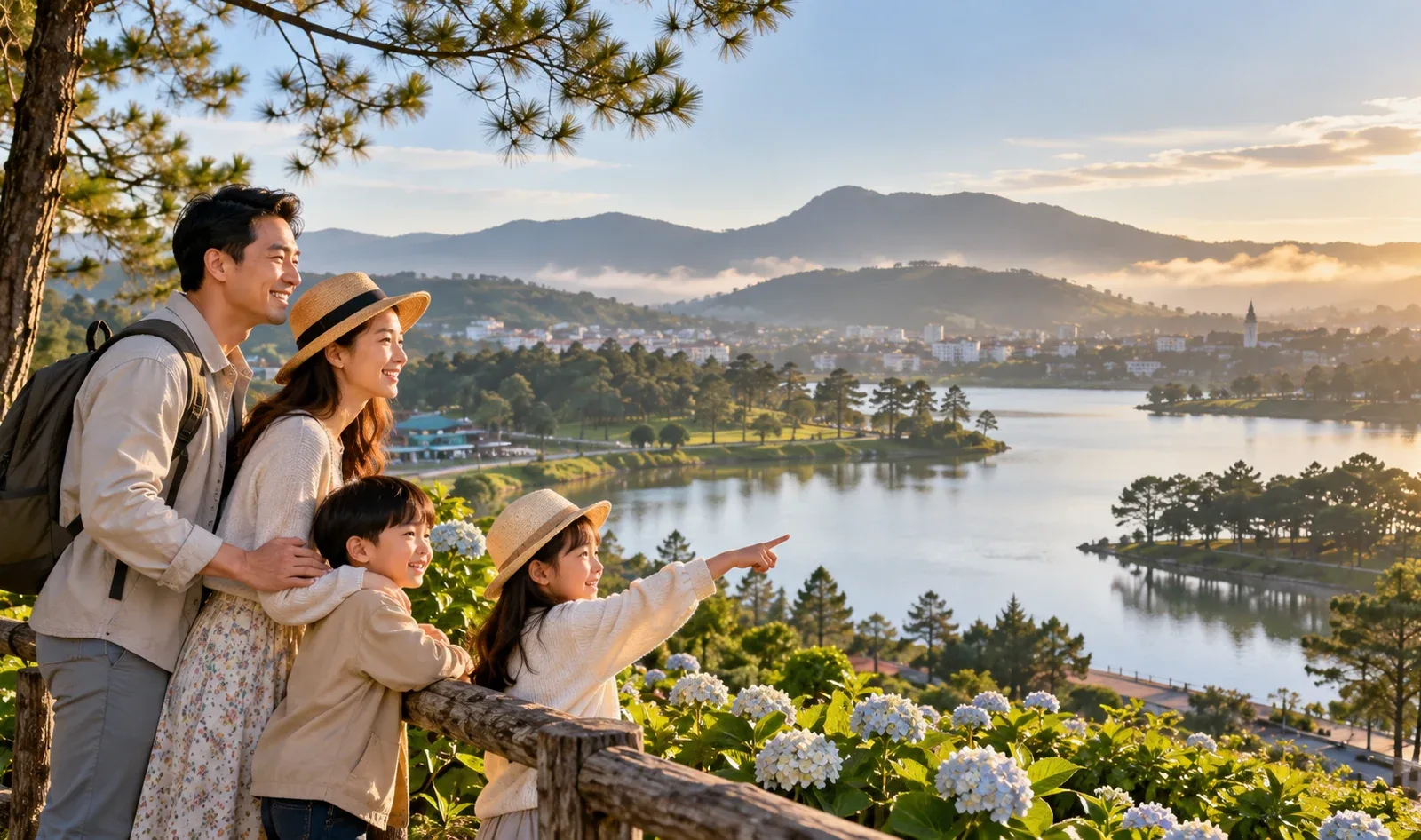 Gia đình ngắm hồ và đồi thông Đà Lạt trong chuyến nghỉ hè